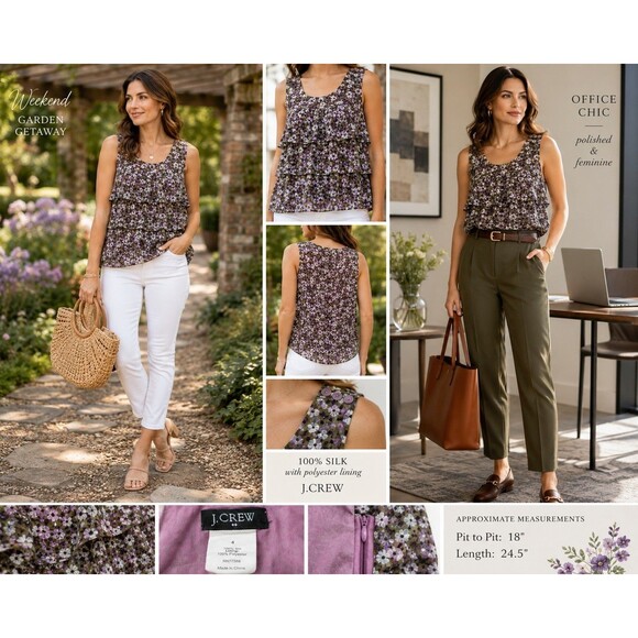 J.CREW Tops - J.Crew Women 4 100% Silk Floral Tiered Sleeveless Blouse Purple Lined Romantic
